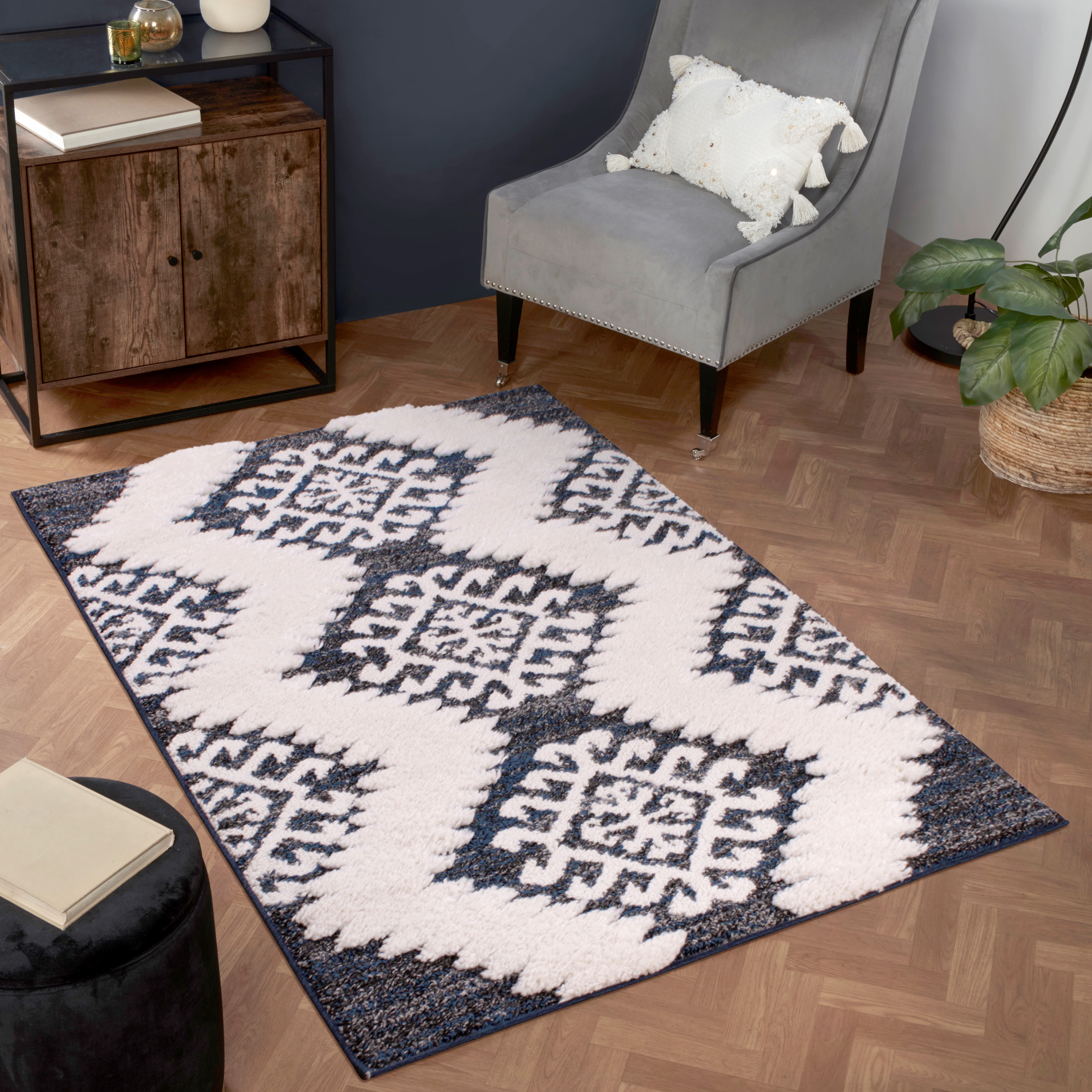 Skandi Malmo Kelim Textured Boho Rug In Anthra White